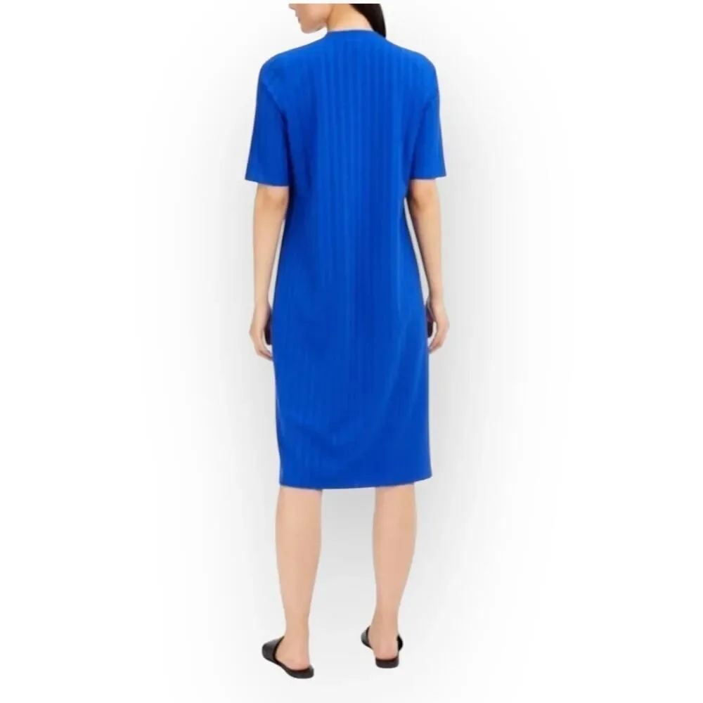 Eileen Fisher High-Low Dress Women's Large Blue Wide Rib Stretch Mock Neck